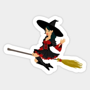 Good Witch On Broomstick Waving Hello Sticker